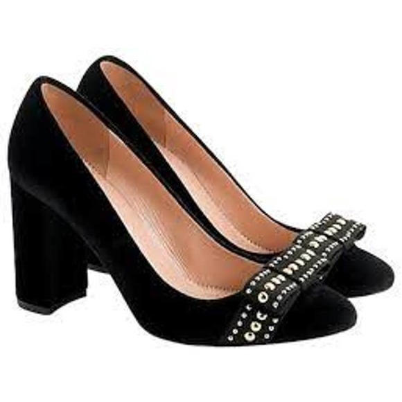 J. Crew Shoes - J. Crew Velvet Pumps with Studded Bows Black Block Heel 6.5 NWOB